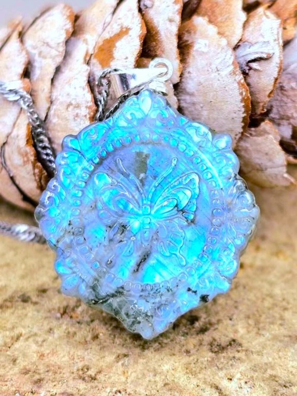 Labradorite Butterfly Portrait Pendant • Strong Flash • 1.1" Stone Carved